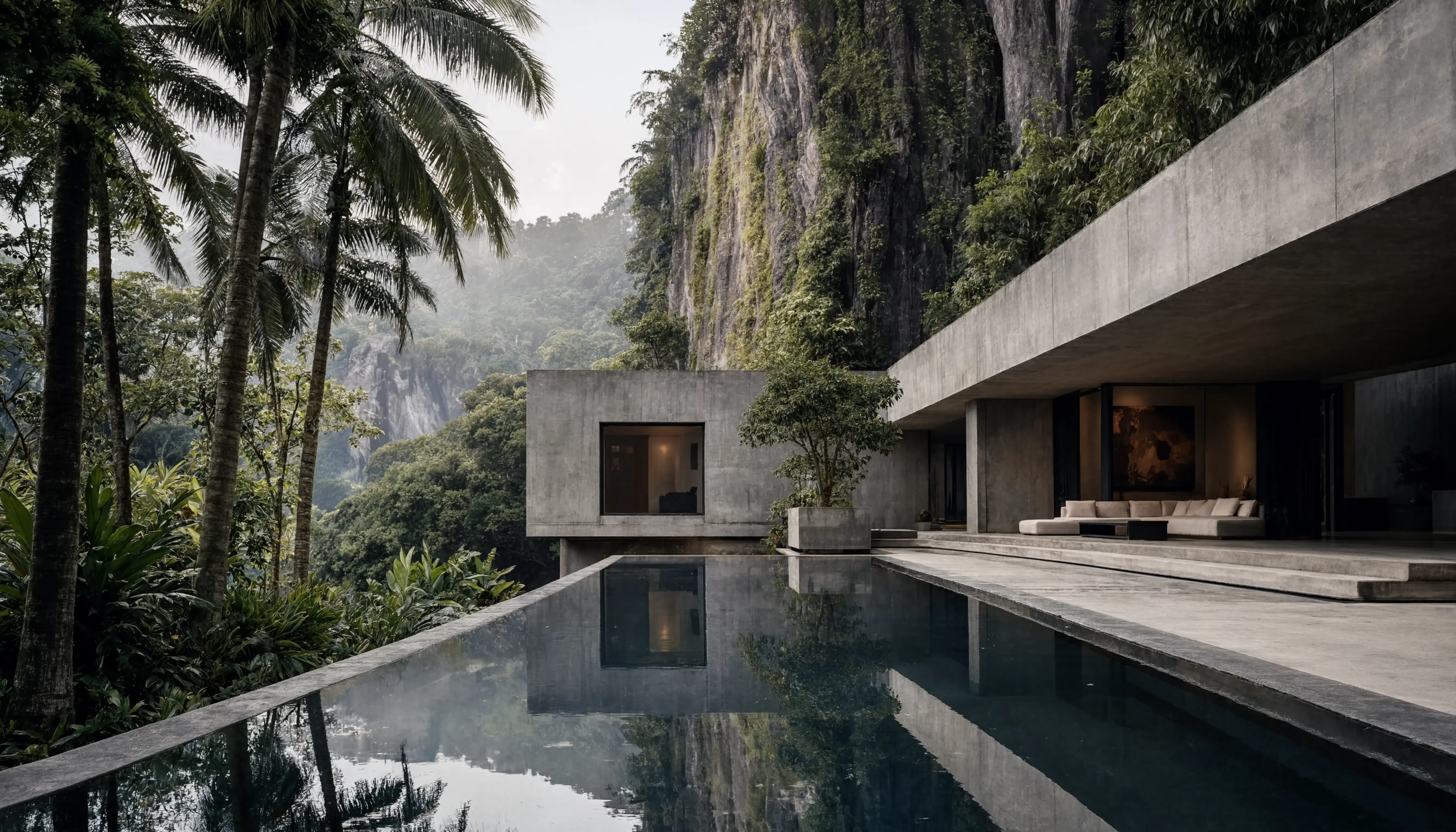 A clean architectural wide shot of a minimalist concrete villa nestled inside a lush tropical jungle canyon