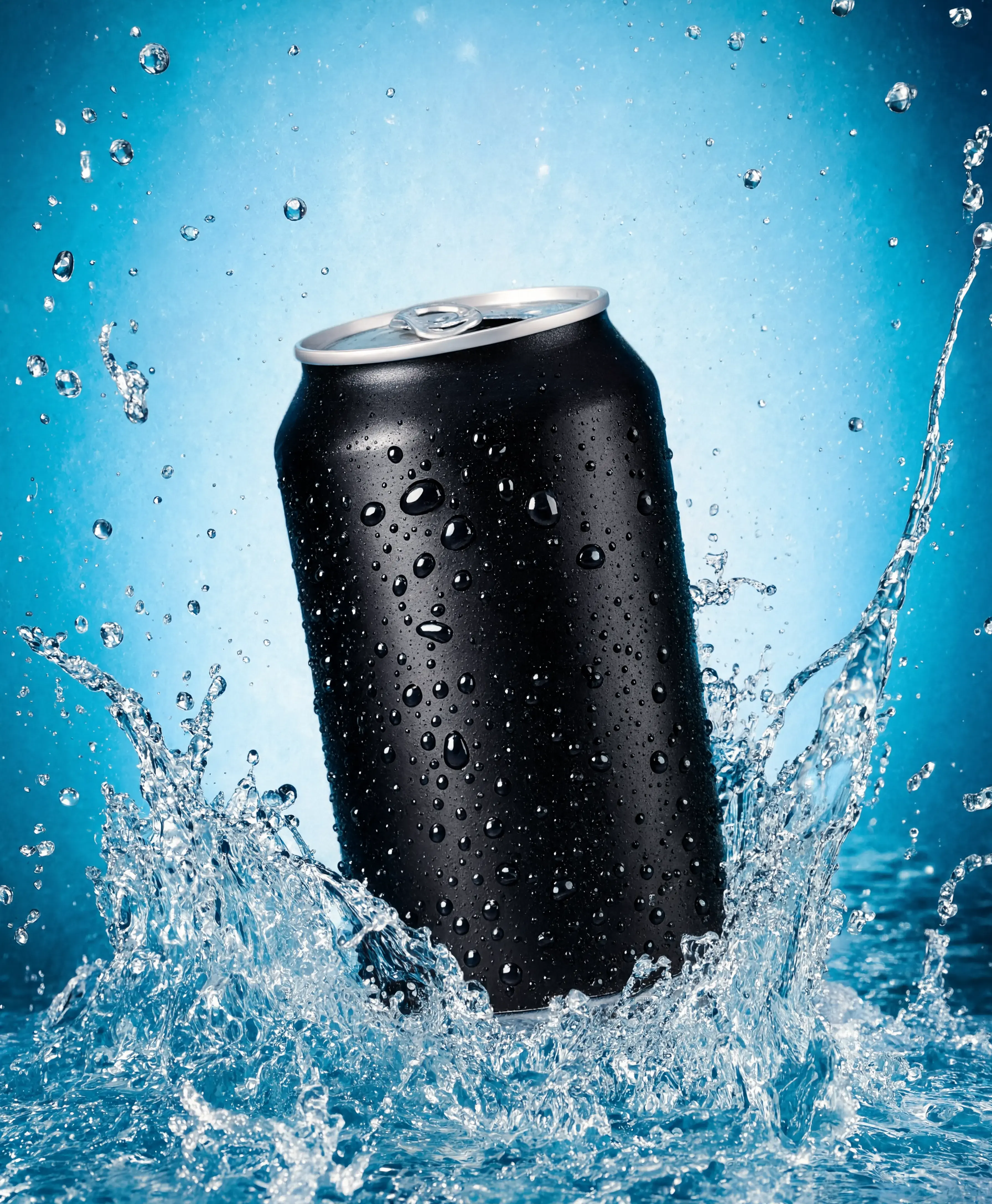 Matte aluminum beverage can exploding out of clear water with crisp splash droplets