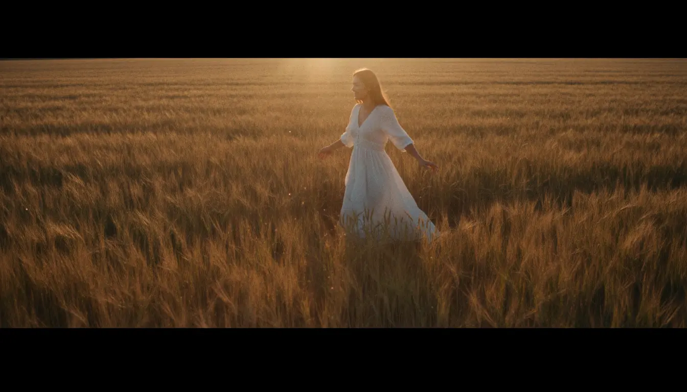 Woman standing in a wheat field during golden hour sunset, cinematic lighting