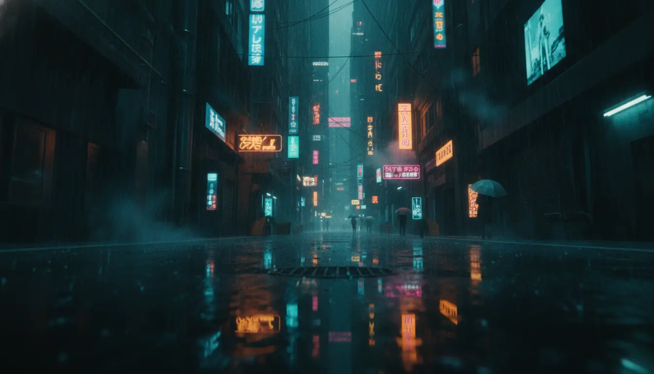 Cinematic shot of a rainy neon alleyway reflecting blue and pink lights