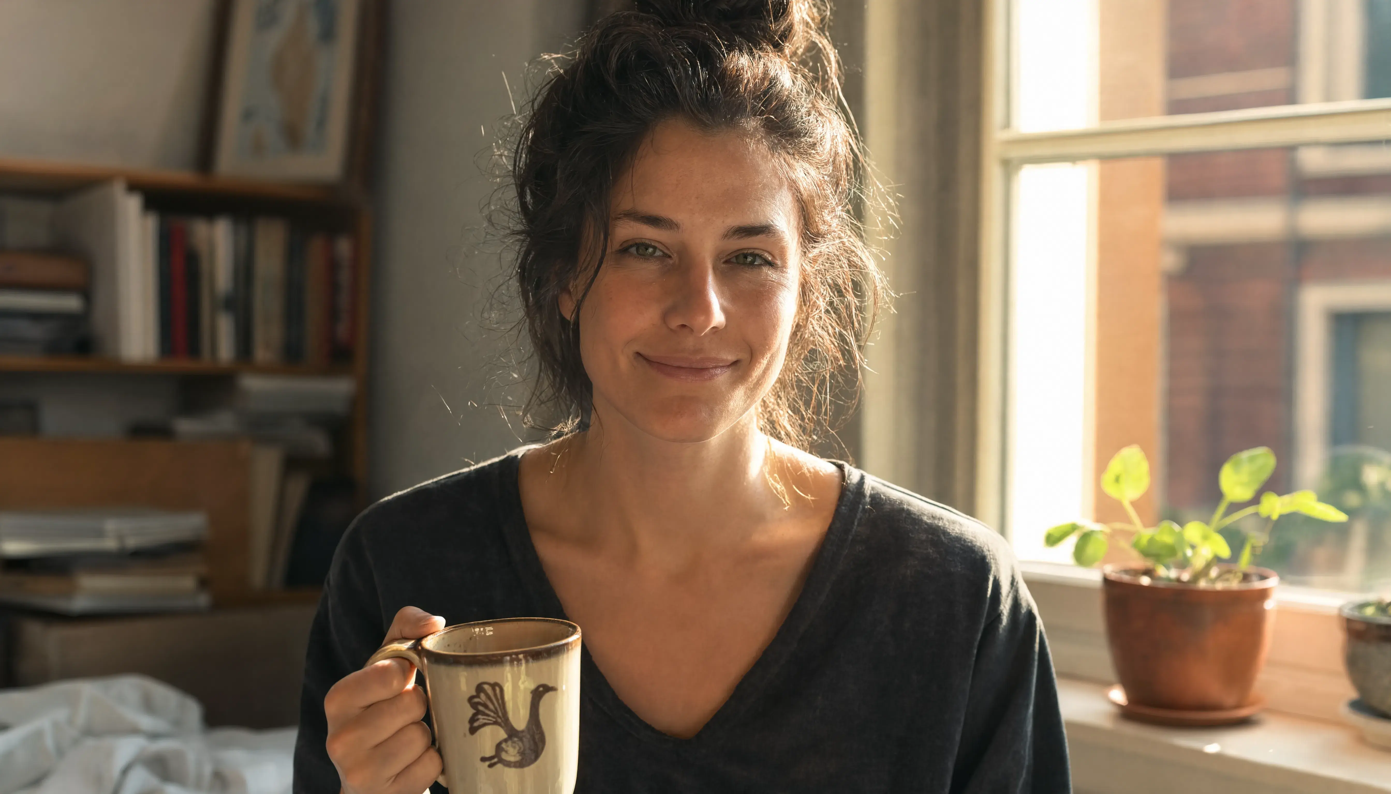 Close up of a tired but happy woman drinking coffee in morning light