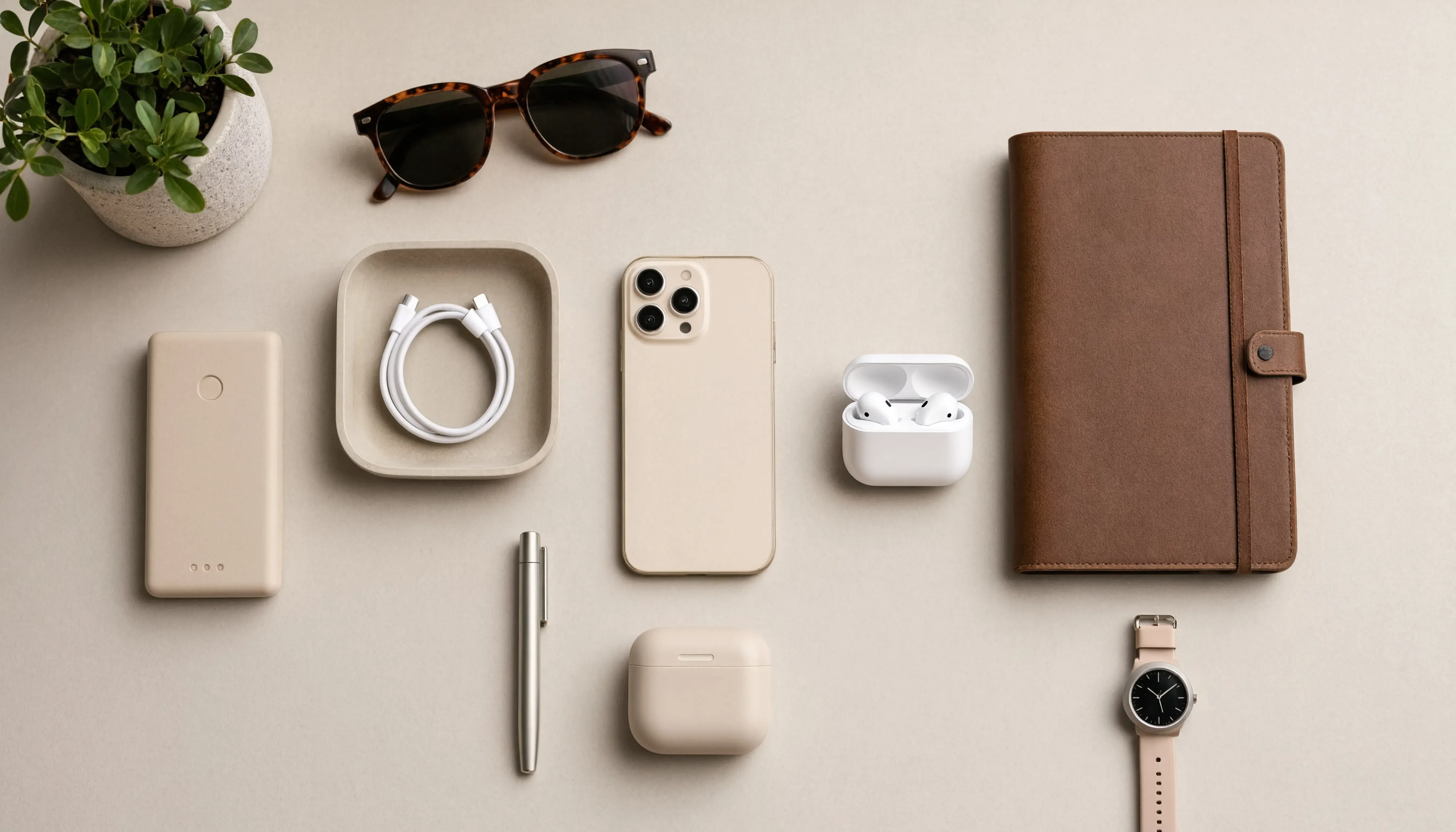 Overhead flat-lay knolling shot of modern tech gadgets laid out neatly on a beige surface