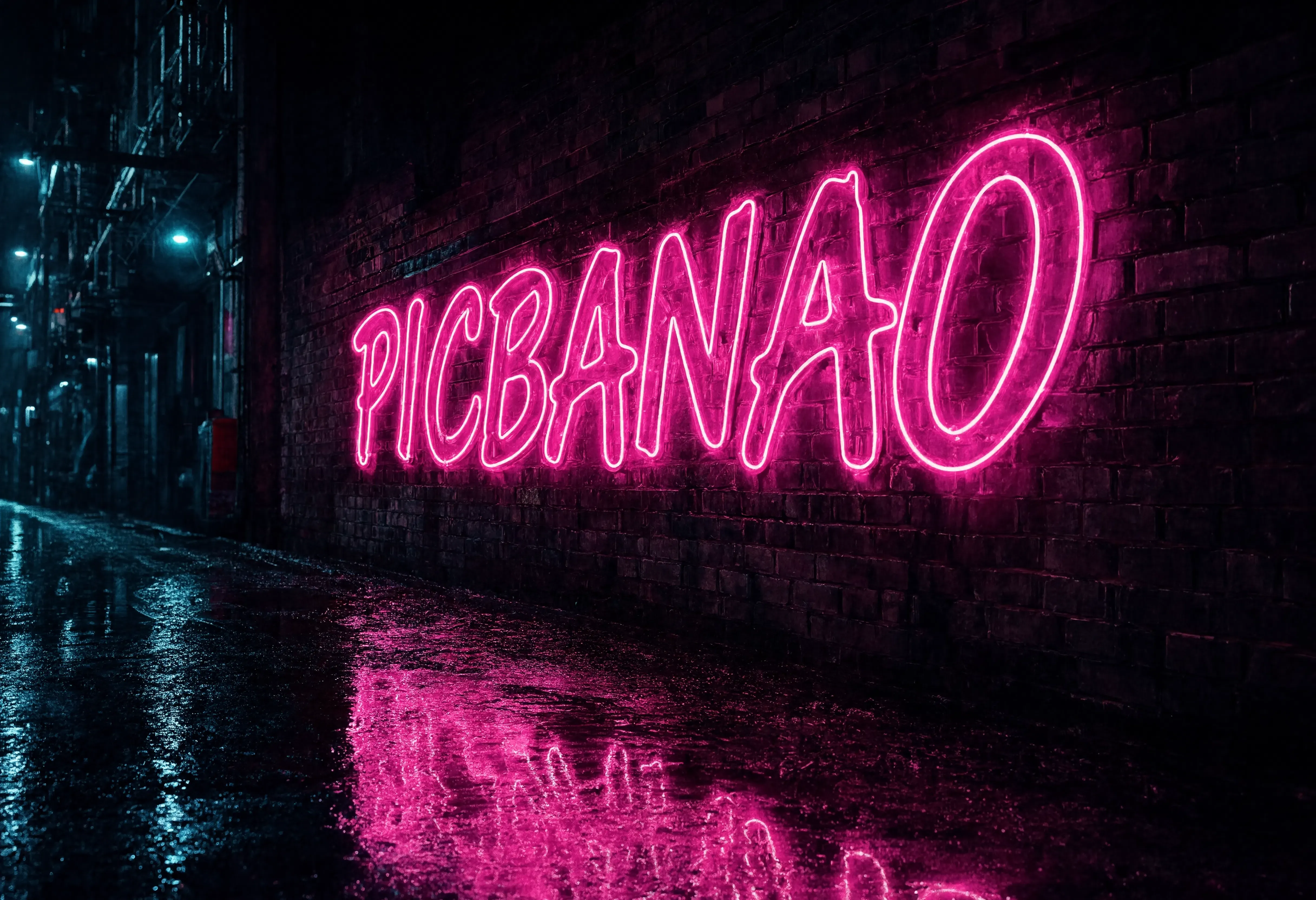 A glowing pink neon sign spelling PICBANAO on a dark rainy brick wall