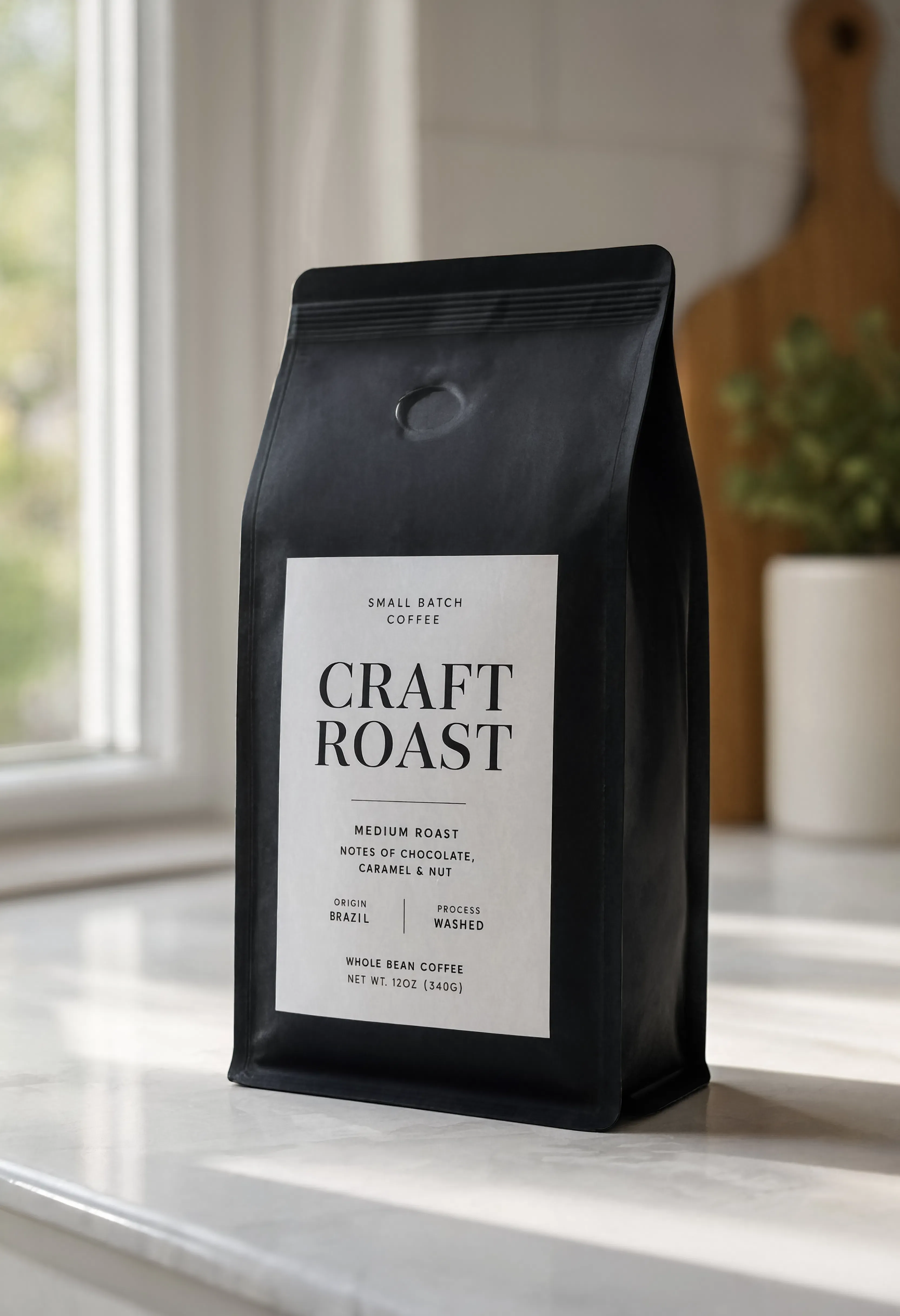 Amber glass coffee bean bag on a marble counter with the words CRAFT ROAST printed on it