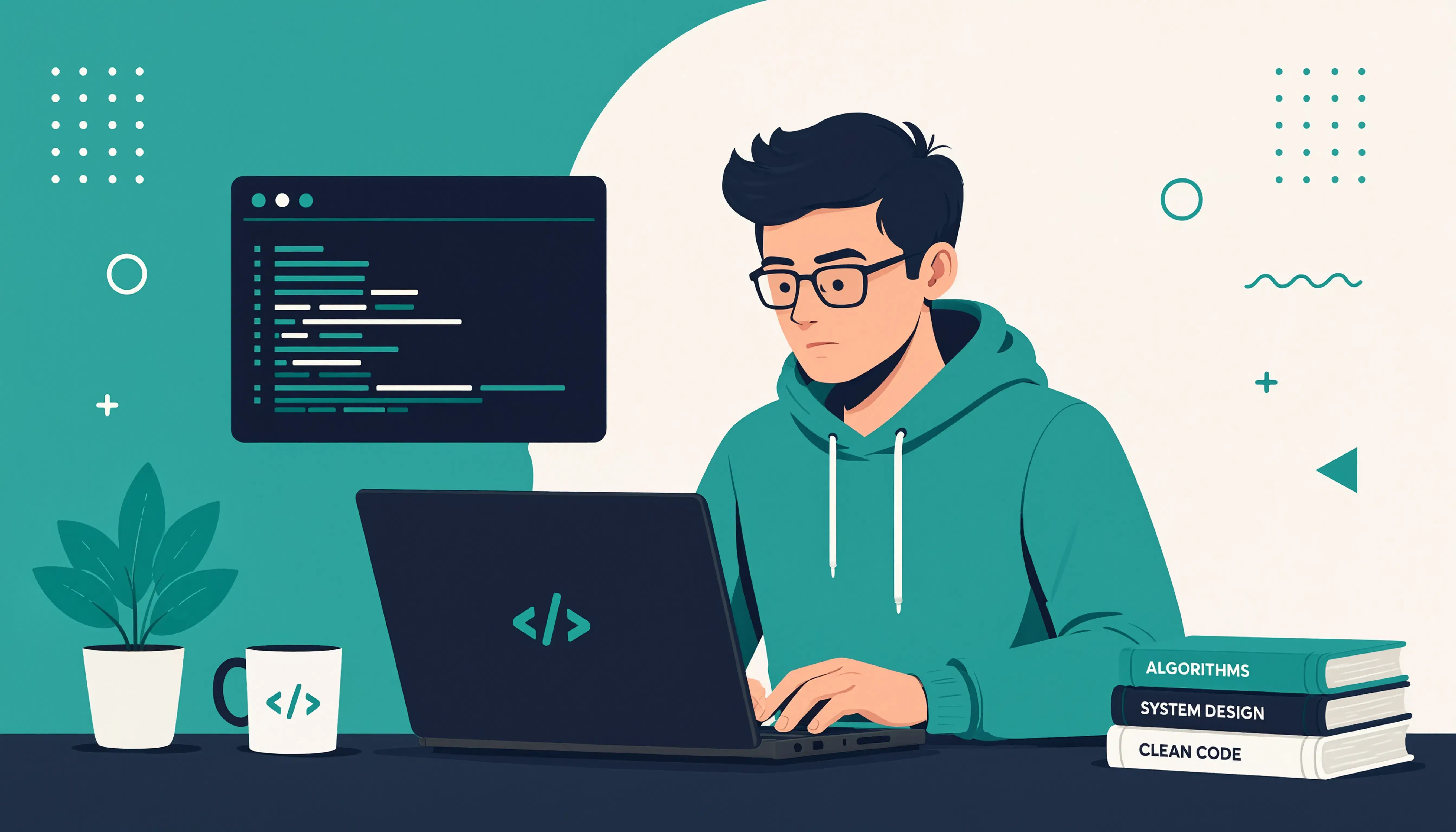 A flat vector illustration of a developer analyzing glowing data graphs on a laptop screen